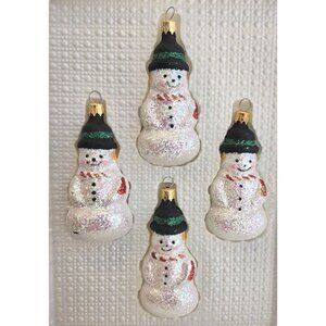 Lot of 4 Vintage 1990s White Glitter Snowman Christmas Tree Ornaments
